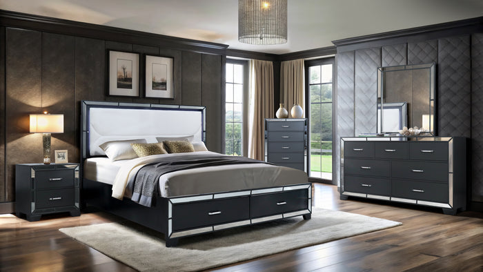 Modern Glam Graphite 2-Drawer Nightstand with USB Charging & Mirror Trim Accents