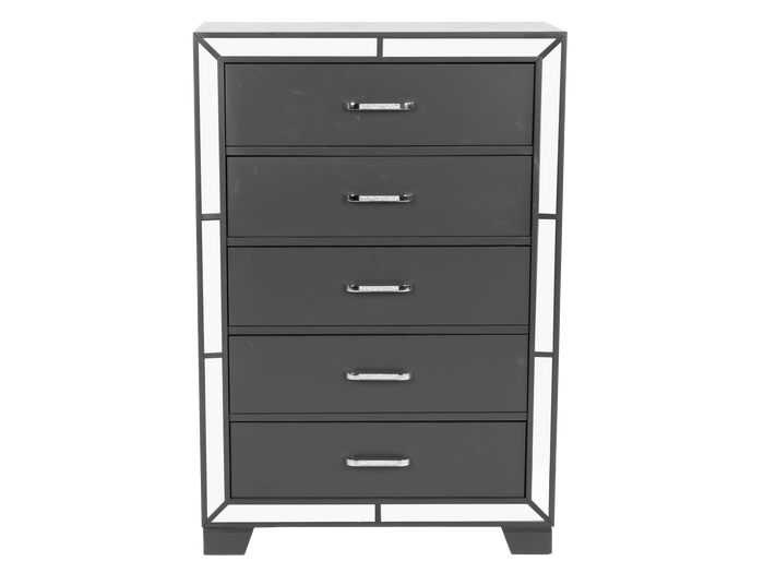 Modern Glam Graphite 5-Drawer Chest with Mirror Trim Accents