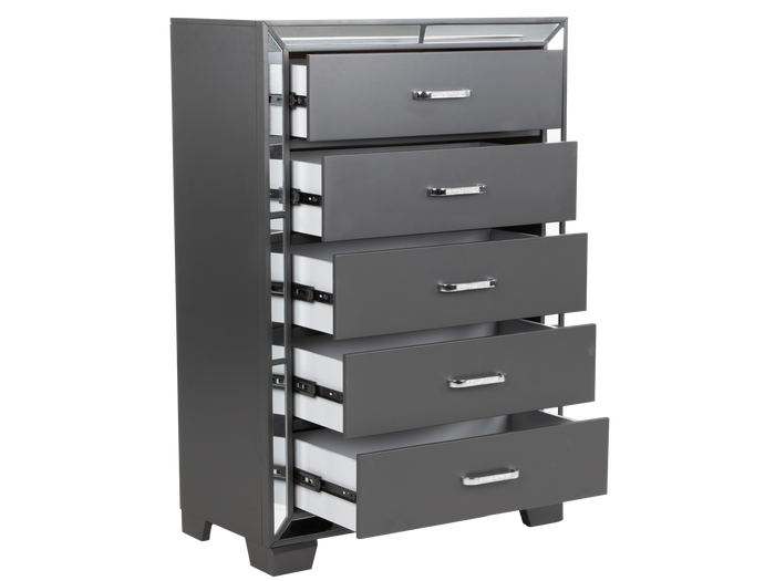 Modern Glam Graphite 5-Drawer Chest with Mirror Trim Accents