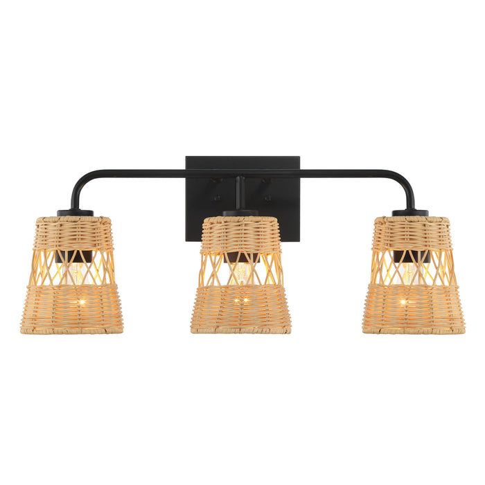 Moonlit - 3 Lights Wall Sconce With Shade, Bathroom Lighting Fixtures Over Mirror - Black / Rattan - view 4