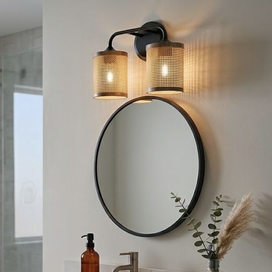 Quell Double Light Vanity With Natural Shade Wall Lamp Black and Rattan