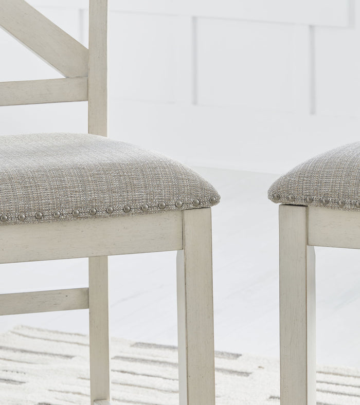 Robbinsdale upholstered barstools in antique white with gray linen seats and nailhead trim - Bel Furniture