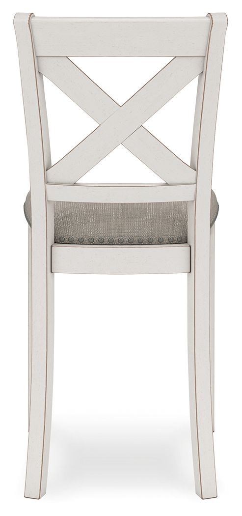 Antique white upholstered barstool with X-back design and padded seat - Bel Furniture