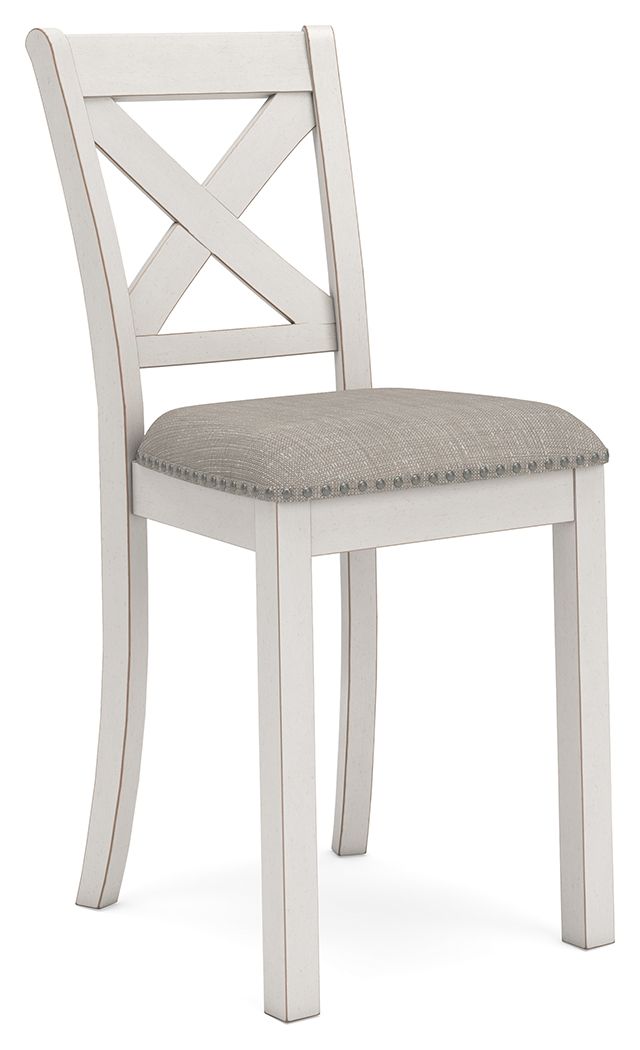 Antique white wooden dining chair with X-back design and gray upholstered seat - Bel Furniture