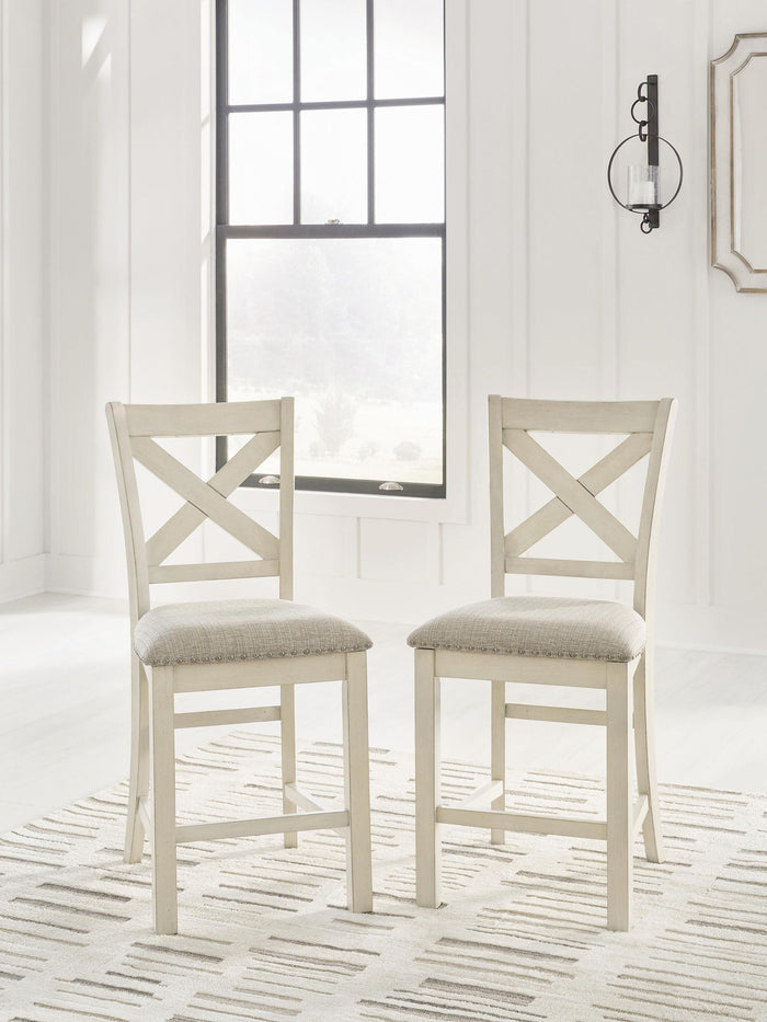 Antique white X-back counter height barstools with beige upholstered seats set of 2 - Bel Furniture