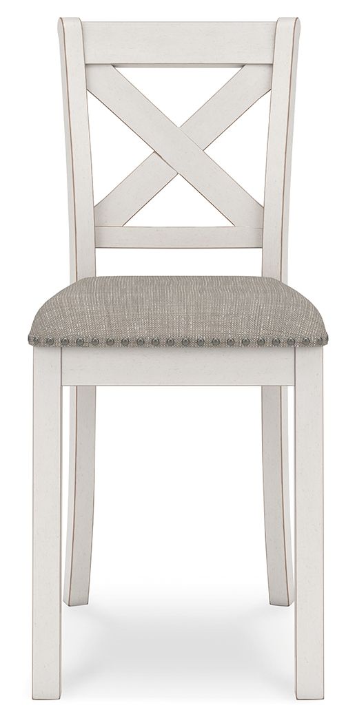 Antique white X-back barstool with gray upholstered seat and nailhead trim - Bel Furniture