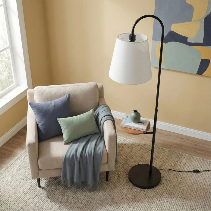 Seoul - Floor Lamp With Rotary Switch Wood Table Base - Black / White - view 4
