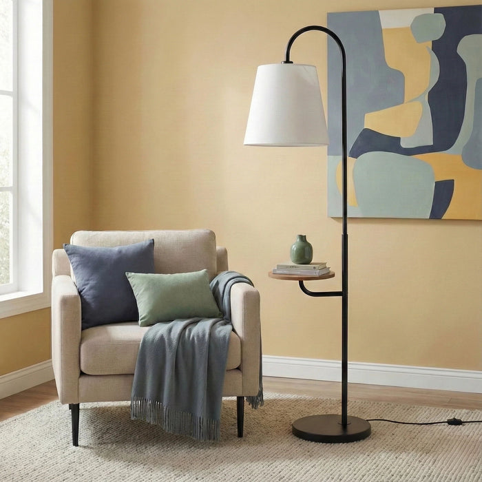 Seoul - Floor Lamp With Rotary Switch Wood Table Base - Black / White - view 6