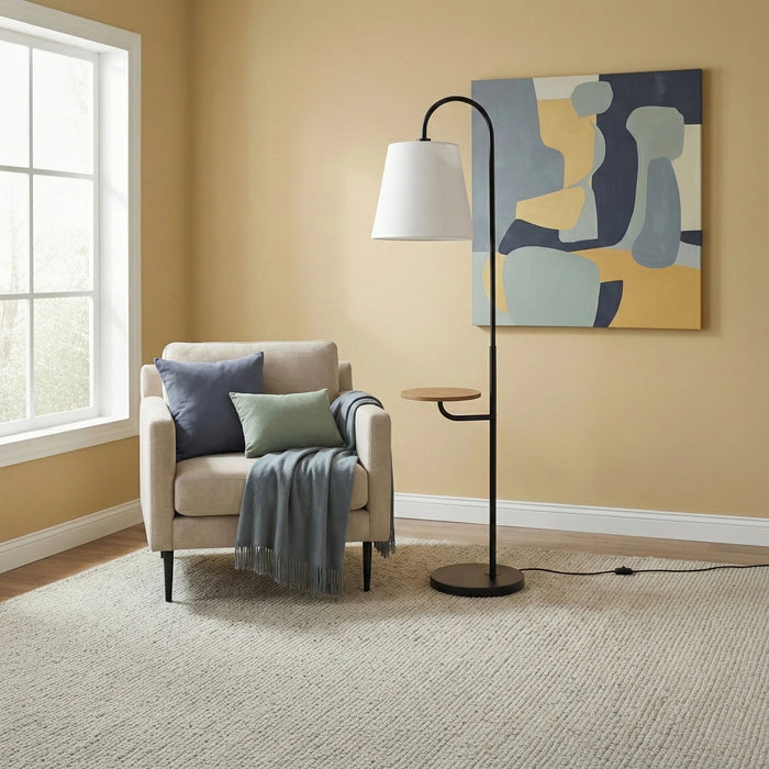 Seoul - Floor Lamp With Rotary Switch Wood Table Base - Black / White - view 7