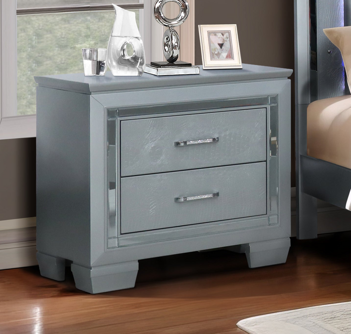 Silver Glam USB Nightstand with Crocodile-Texture Drawer Fronts