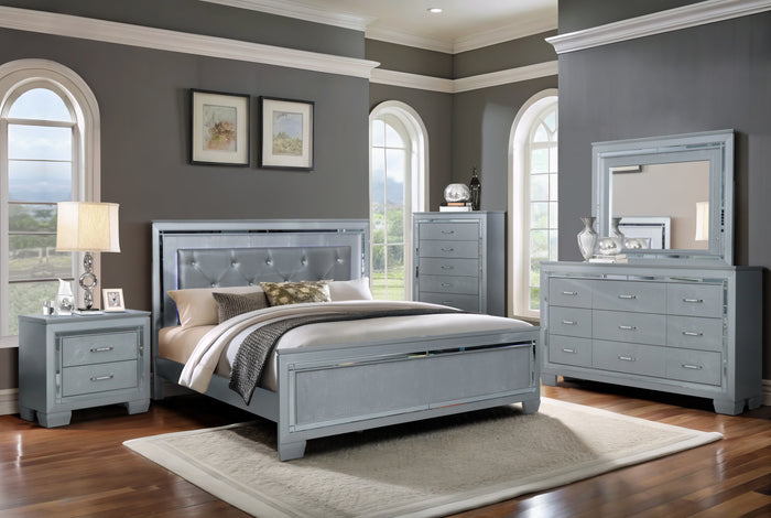 Silver Glam USB Nightstand with Crocodile-Texture Drawer Fronts