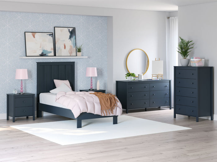 Black platform bed with panel headboard in modern bedroom setting with dark wood furniture - Bel Furniture