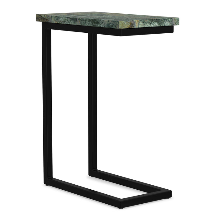 Skyler handcrafted C side table with green marble top and black metal frame, modern chair side table design