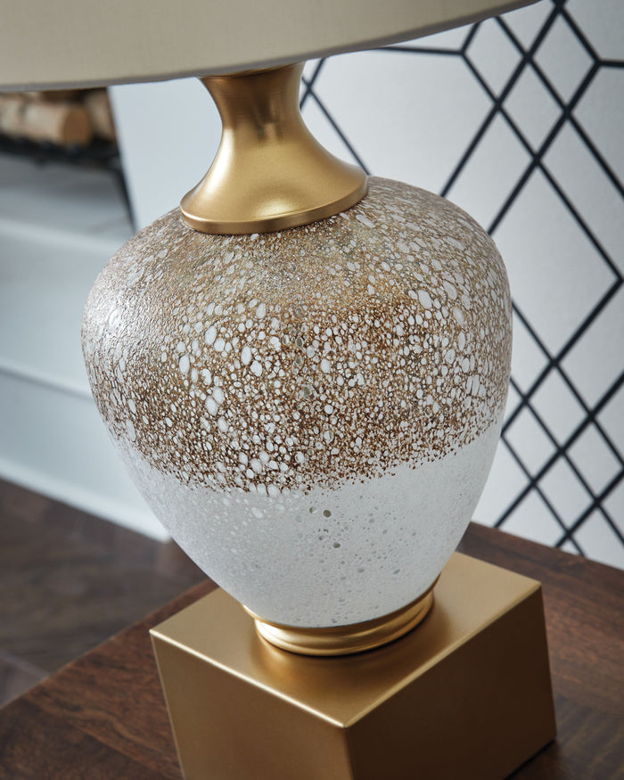 Tavisburg - Brown / White / Gold - Glass Table Lamp by Signature Design by Ashley® | Bel Furniture
