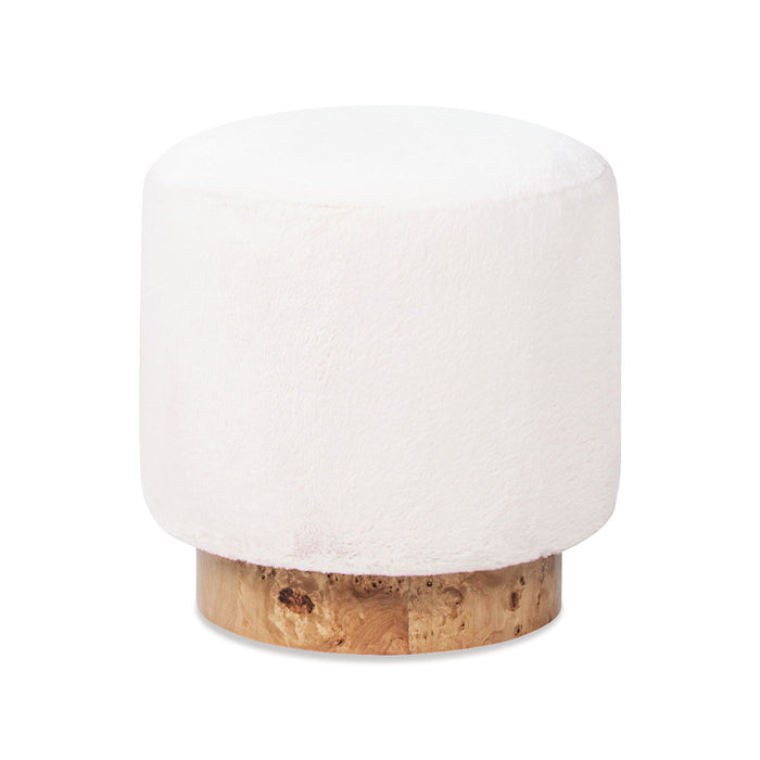 Tilly - Round Fur Upholstered / Burl Pouf Ottoman - White - view 4