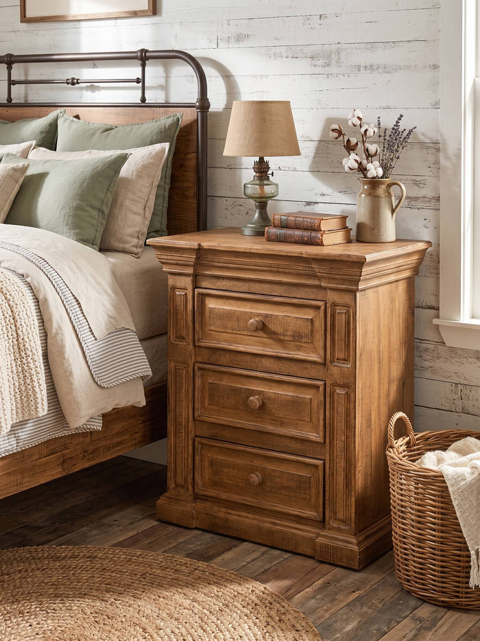 Traditional Rustic Solid Wood Nightstand with Carved Panel Design and Distressed Finish