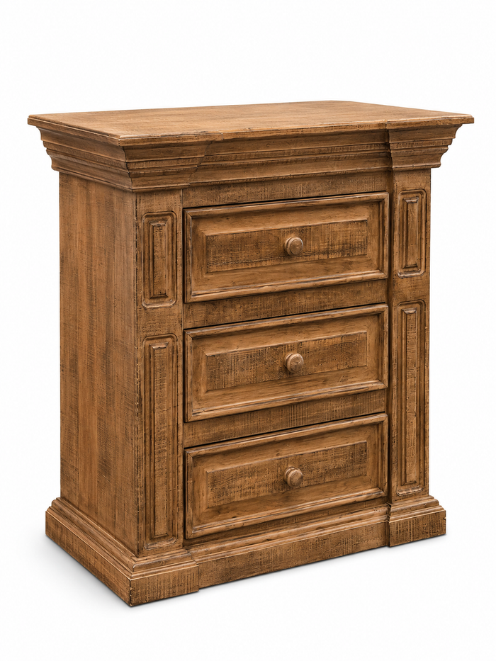 Traditional Rustic Solid Wood Nightstand with Carved Panel Design & Distressed Finish