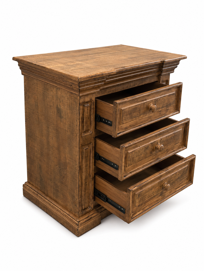 Traditional Rustic Solid Wood Nightstand with Carved Panel Design & Distressed Finish