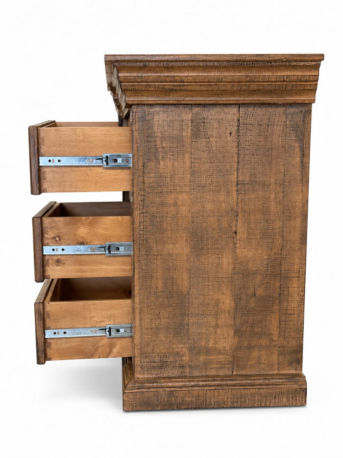 Traditional Rustic Solid Wood Nightstand with Carved Panel Design & Distressed Finish