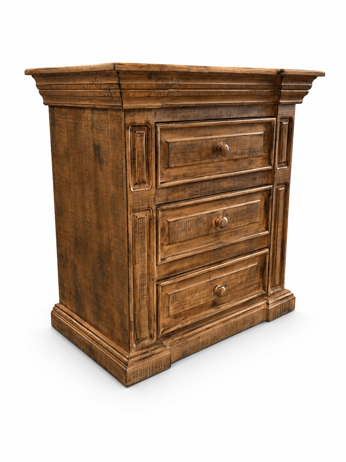 Traditional Rustic Solid Wood Nightstand with Carved Panel Design & Distressed Finish