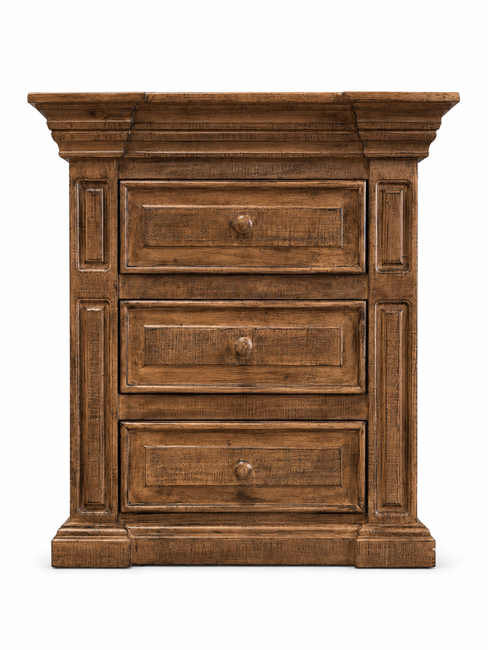 Traditional Rustic Solid Wood Nightstand with Carved Panel Design & Distressed Finish
