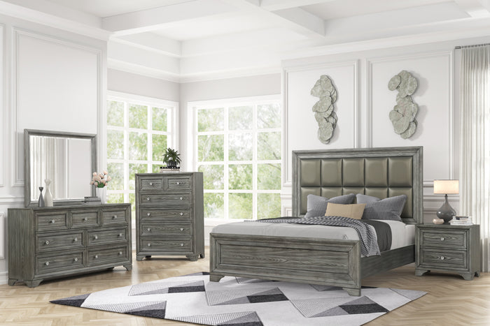 Transitional 6-Piece Gray Bedroom Furniture Set with Upholstered Headboard King or Queen Bed, Dresser, Mirror and Nightstand