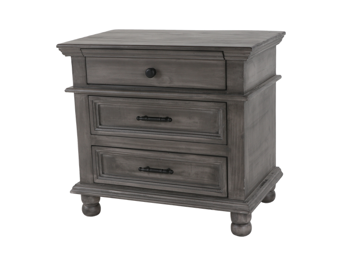 Weathered Gray Farmhouse Nightstand with 3 Drawers and Turned Feet