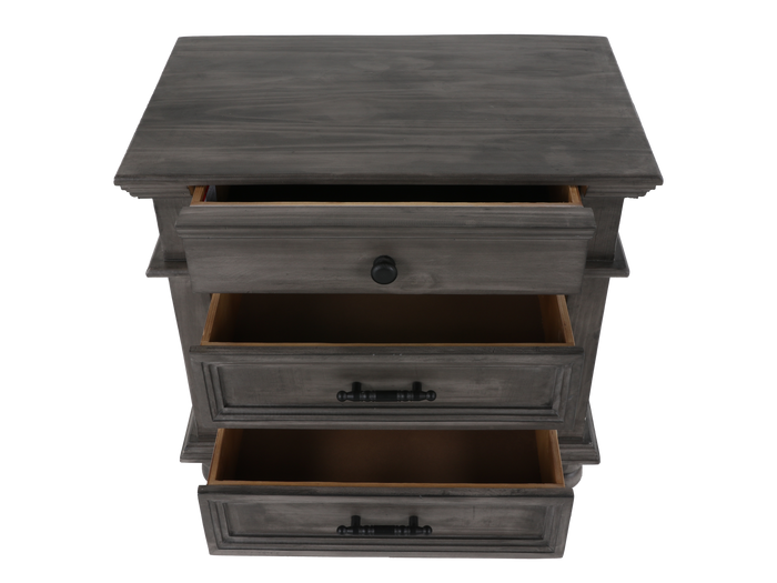 Weathered Gray Farmhouse Nightstand with 3 Drawers & Turned Feet