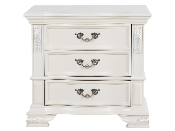 White Ornate Carved 3-Drawer Nightstand with Antique Hardware