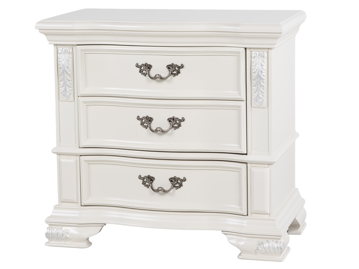 White Ornate Carved 3-Drawer Nightstand with Antique Hardware