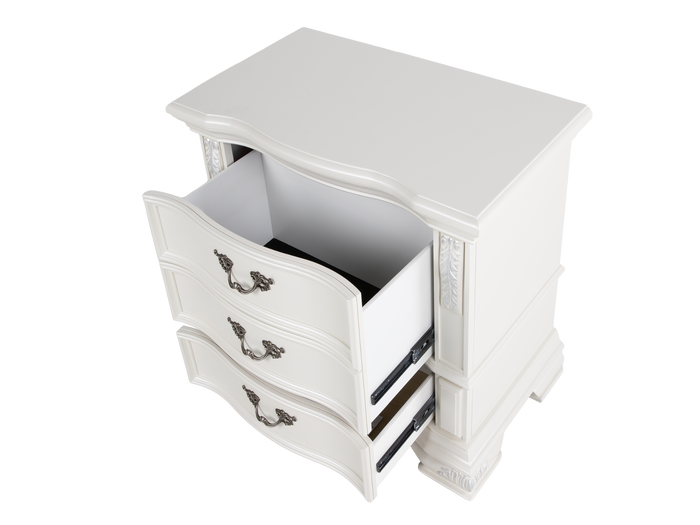 White Ornate Carved 3-Drawer Nightstand with Antique Hardware