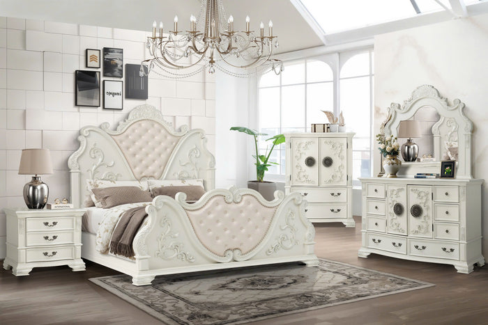 White Ornate Carved 3-Drawer Nightstand with Antique Hardware