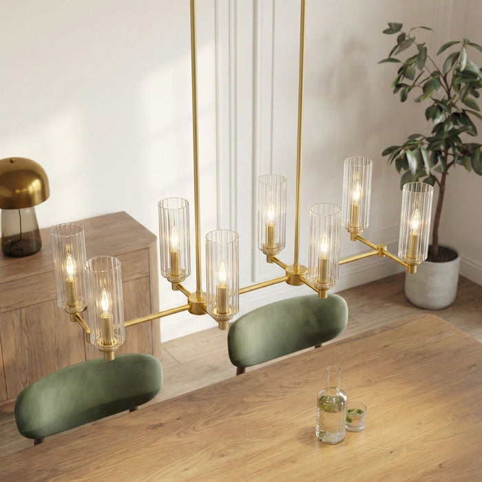 Willow - 8 Lights Island With Clear Ribbed Pendant Lamp Satin - Antique Brass / Clear / Gold - view 2